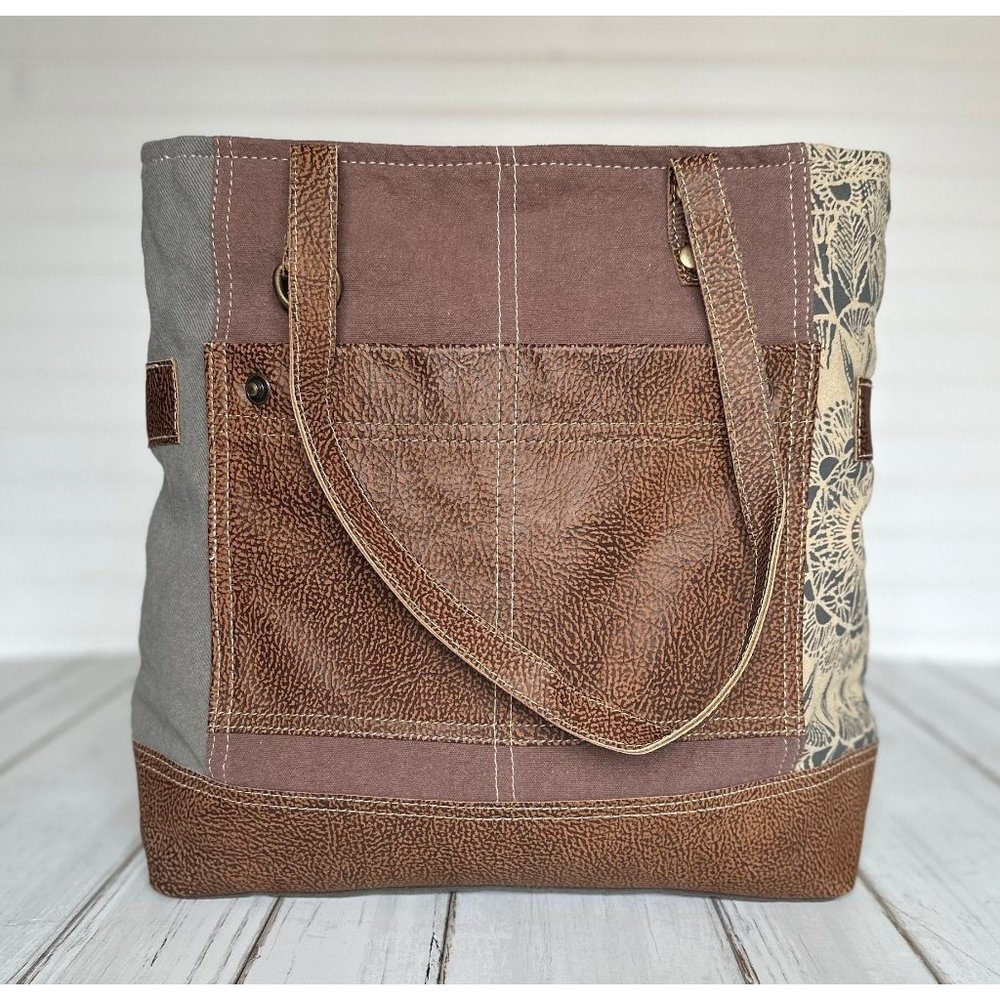 Myra Bag Side Floral Canvas and Leather Tote Bag